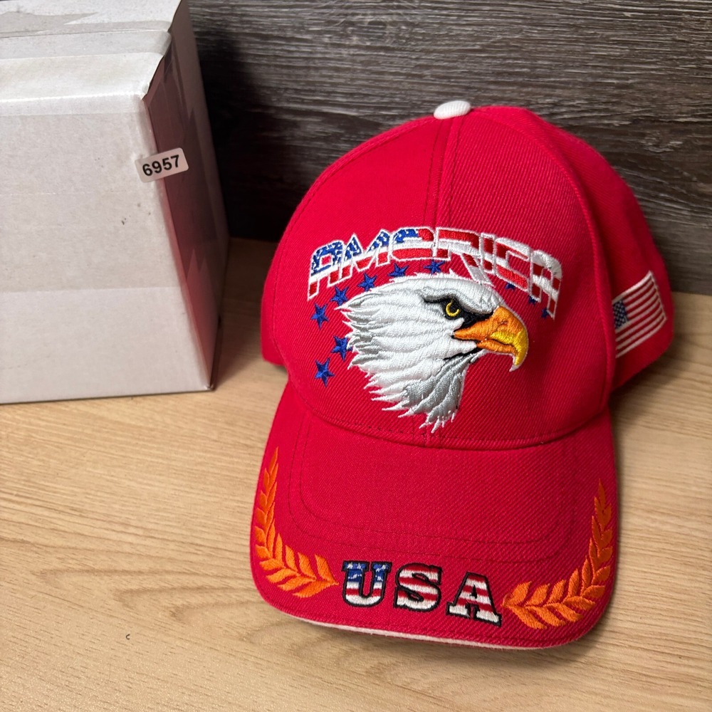 Vintage Eagle Hat Cap Strap Back Red United States USA Patriotic Adjustable - Picture 9 of 9